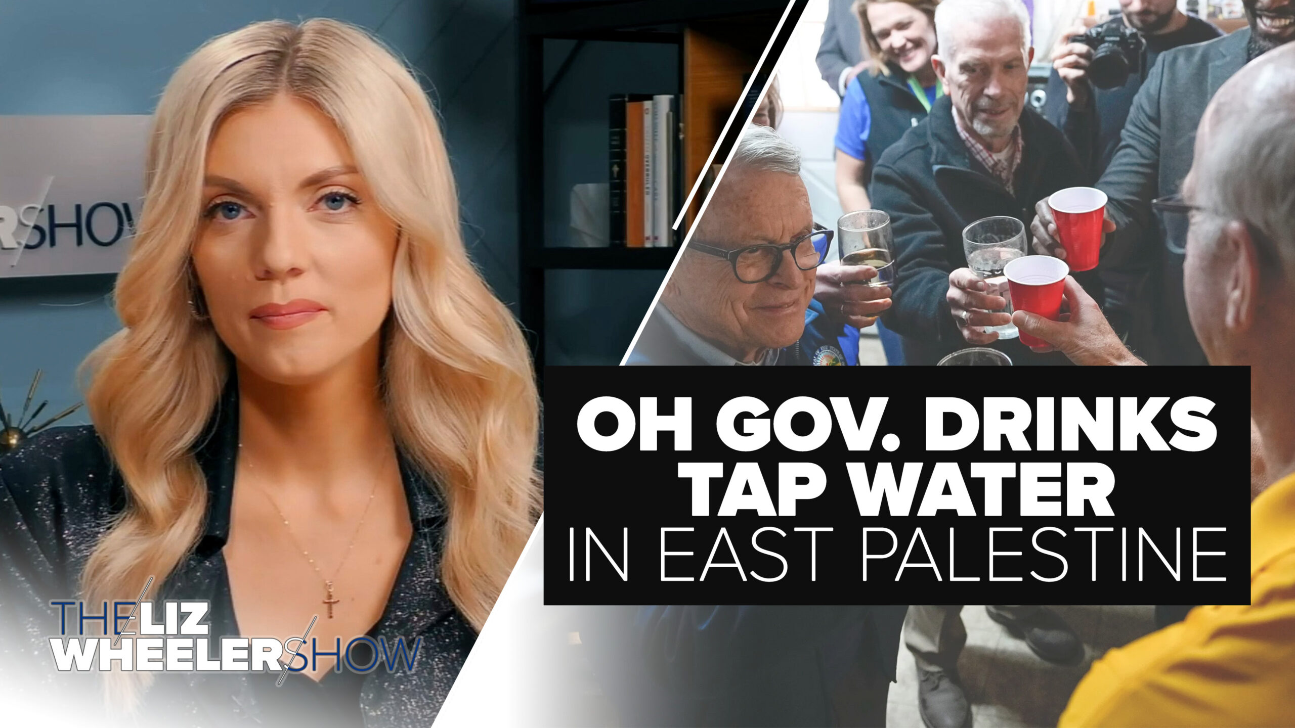 Ohio Governor Mike DeWine holds up a glass of tap water with East Palestine residents