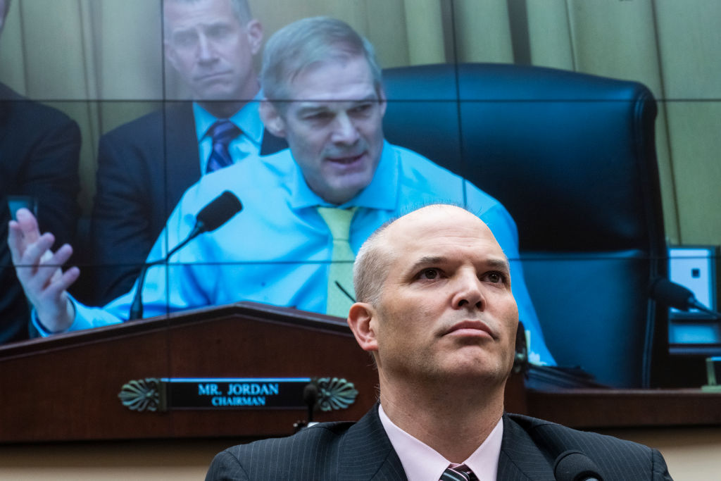 Matt Taibbi, a journalist, listens to an opening statement by Chairman Rep. Jim Jordan, R-Ohio, during the House Judiciary Select Subcommittee on the Weaponization of the Federal Government