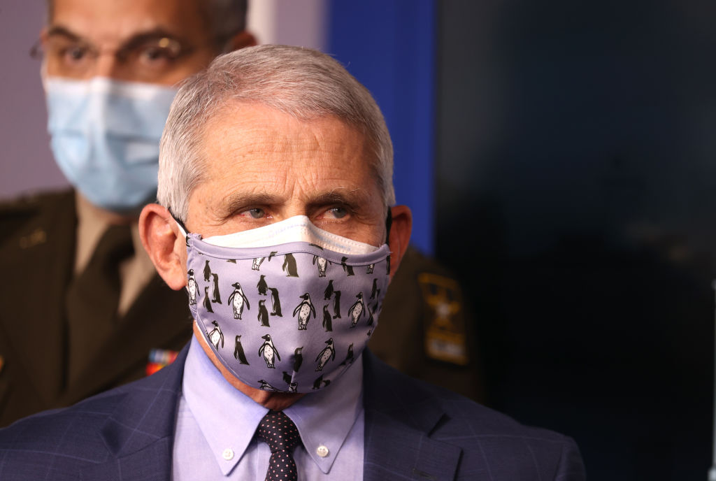 Dr. Anthony Fauci, director of the National Institute of Allergy and Infectious Diseases, wears a protective mask during a White House Coronavirus Task Force press briefing