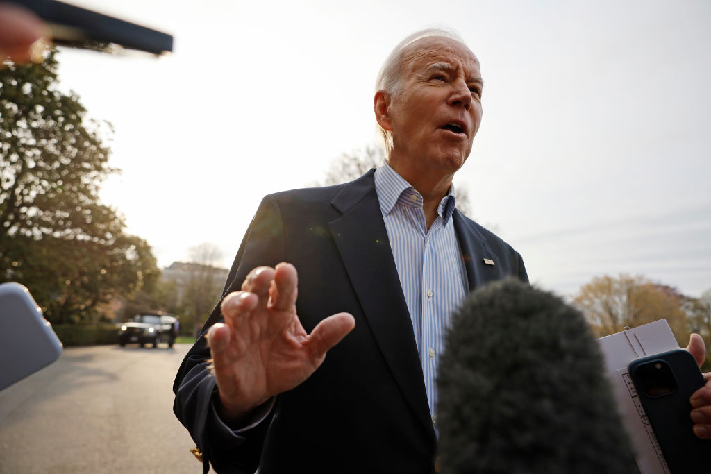U.S. President Joe Biden declines to comment after reporters question him about the criminal indictment of former President Donald Trump as Biden departs the White House on March 31, 2023 in Washington, DC.