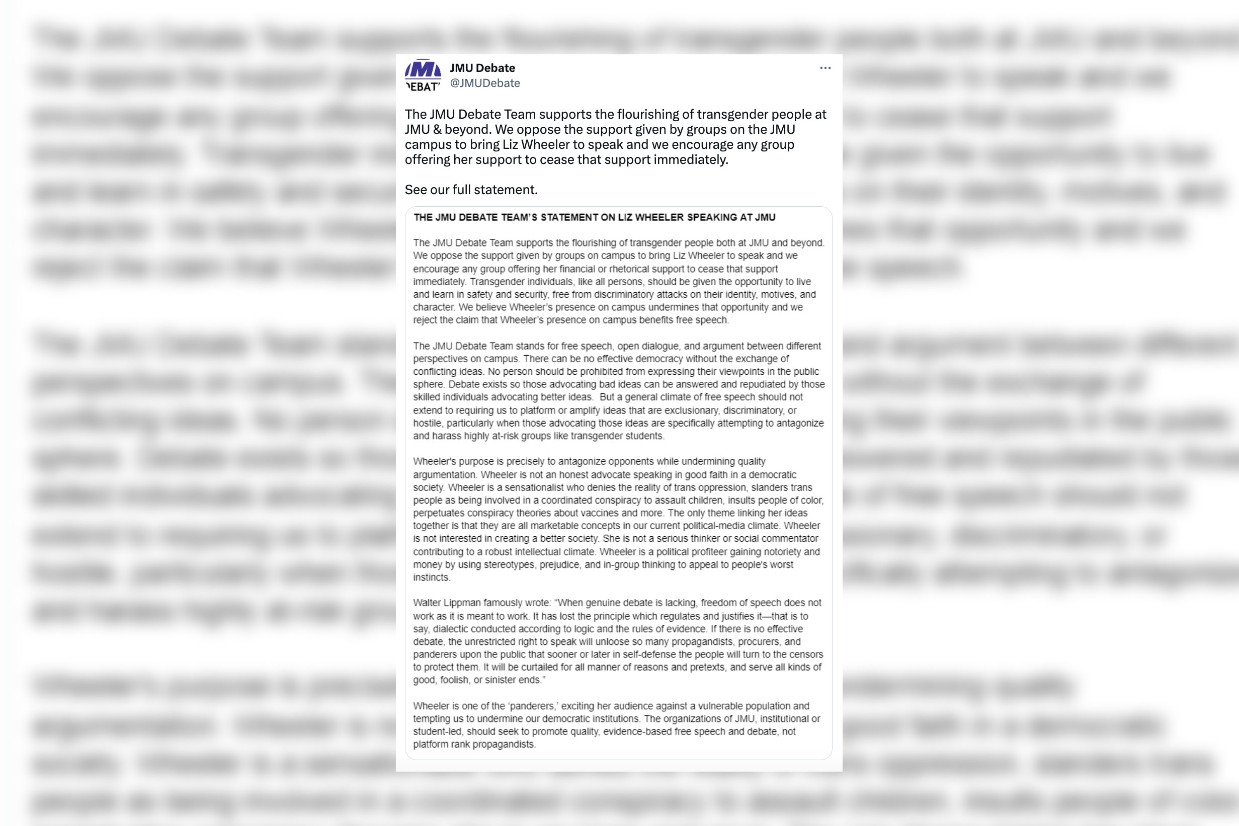 James Madison University debate team issues a statement condemning Liz Wheeler's speech