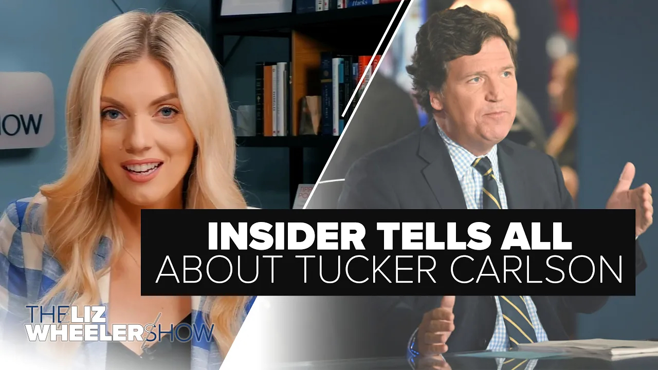 Tucker Carlson sits at a news desk on Fox News.