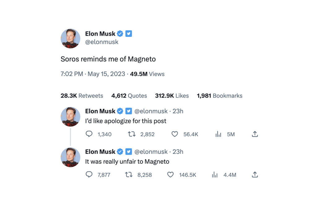 On Monday night, Elon Musk launched an attack on George Soros, likening the liberal billionaire to a villain from X-Men and expressing his disdain for him, claiming that Soros "hates humanity.