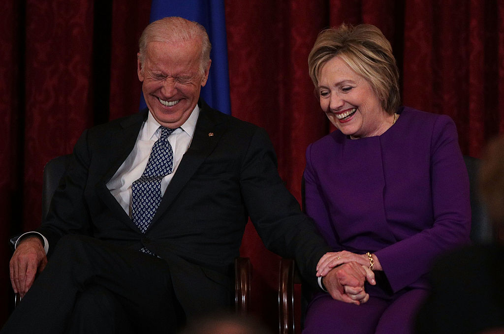 Joe Biden and Hillary Clinton Hold Hands and Laugh
