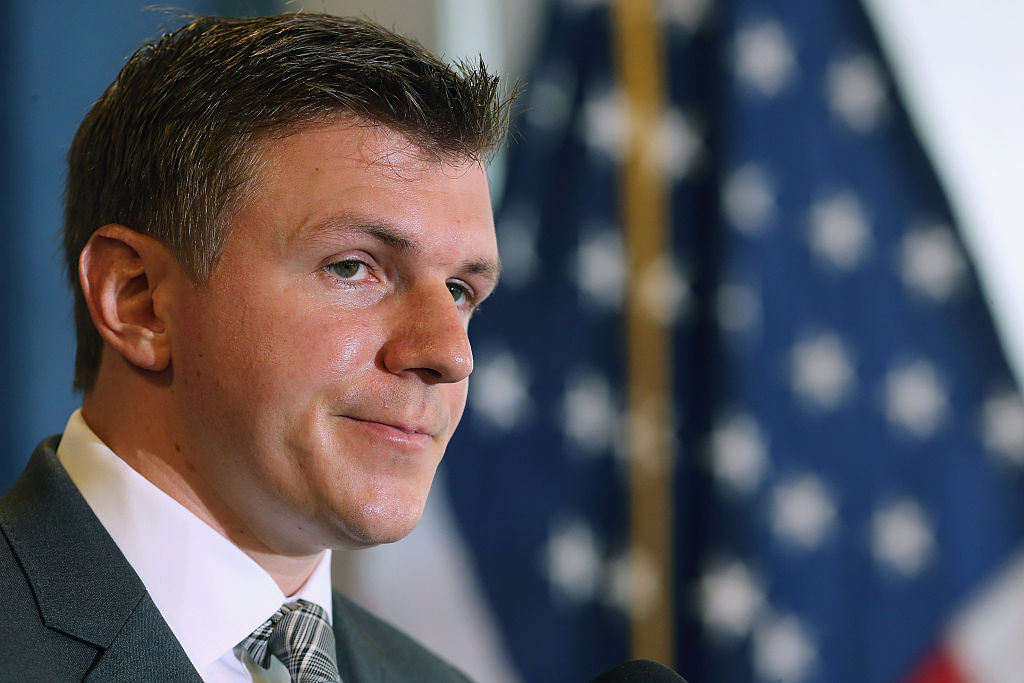 James O'Keefe at a news conference during which he released a video accusing Hillary Clinton of breaking the law.