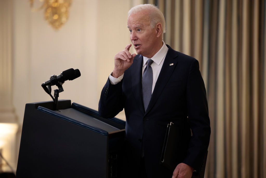 U.S. President Joe Biden answers a reporter's question after giving remarks on the November jobs report in the State Dining Room of the White House on December 03, 2021 in Washington, DC.