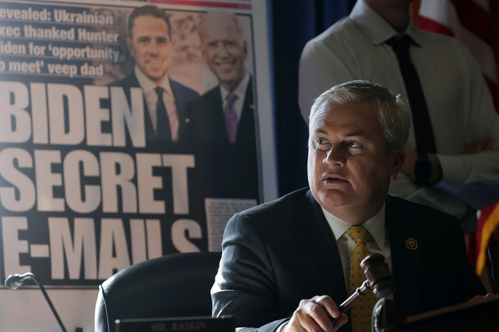 With a poster of a New York Post front page story about Hunter Biden’s emails on display, Committee Chairman Rep. James Comer (R-KY) announces a recess because of a power outage during a hearing before the House Oversight and Accountability Committee at Rayburn House Office Building on Capitol Hill on February 8, 2023 in Washington, DC. The committee held a hearing on "Protecting Speech from Government Interference and Social Media Bias, Part 1: Twitter's Role in Suppressing the Biden Laptop Story."