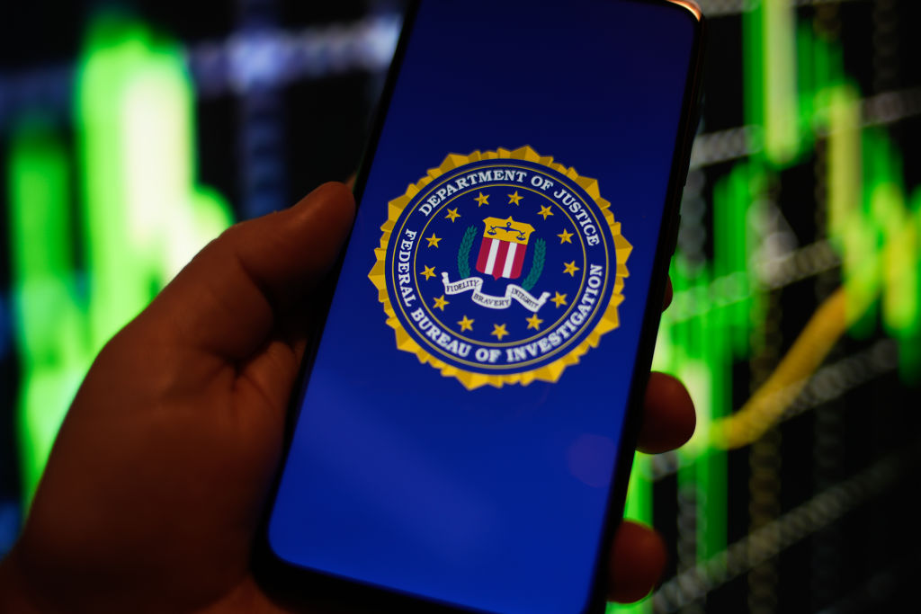 Photo of an individual holding a phone with an FBI logo.