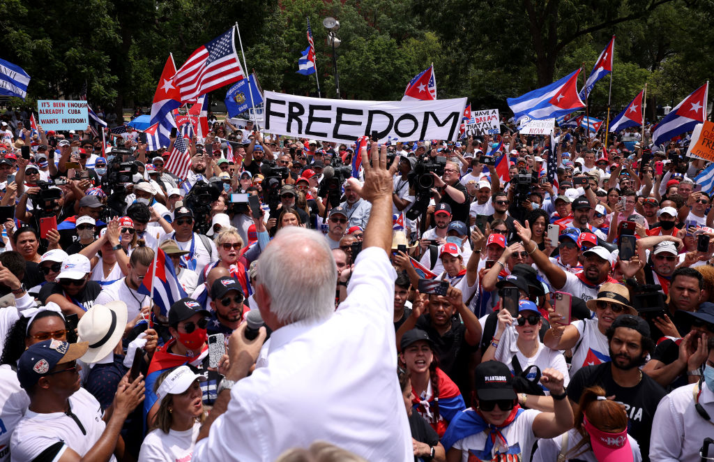 U.S. Rep. Carlos Gimenez (R-FL) speaks at a Cuban freedom rally near the White House on July 26, 2021 in Washington, DC. Cuban activists and demonstrators held a rally to urge the American government to intervene in Cuba to support human rights and end Communism in Cuba.