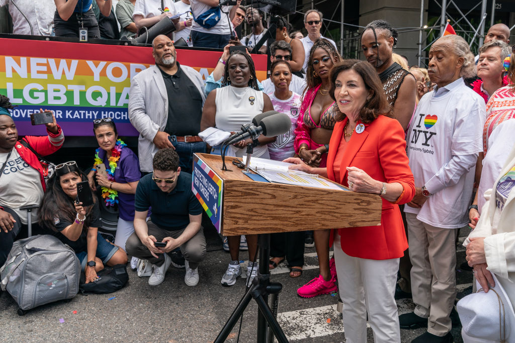 Governor Kathy Hochul speaks before signing legislation to protect and affirm LGBTQ+ community before the start of 2023 New York City Pride March on Fifth Avenue on Manhattan.