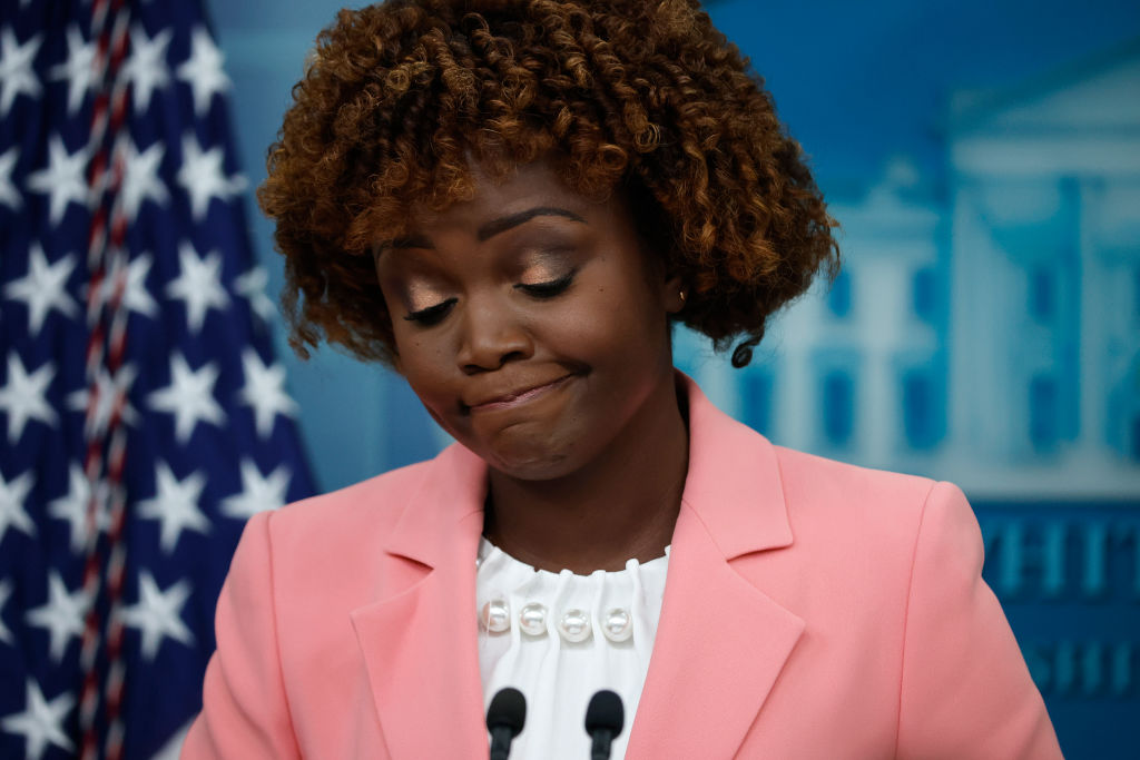 White House Press Secretary Karine Jean-Pierre talks to reporters during the daily news conference in the Brady Press Briefing Room at the White House