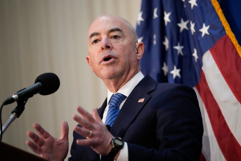 U.S. Homeland Security Secretary Alejandro Mayorkas speaks during a news conference at the National Press Club on September 9, 2021 in Washington, DC.