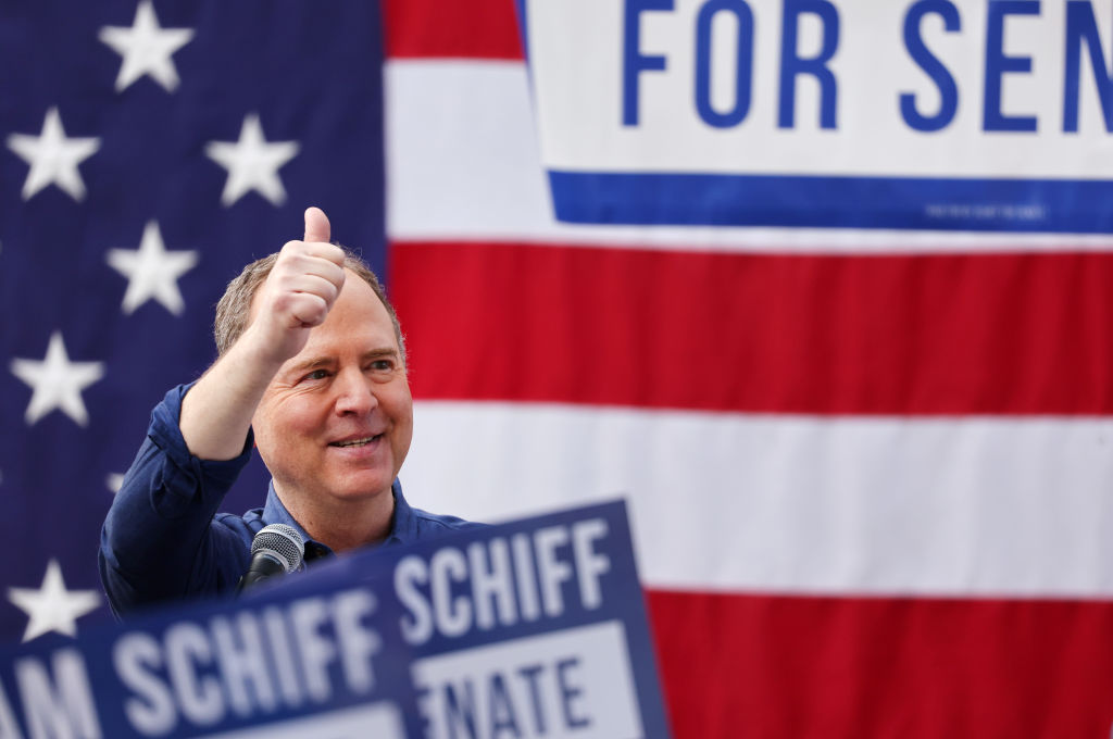 U.S. Rep. Adam Schiff (D-CA) gestures to supporters outside the International Alliance of Theatrical Stage Employees (IATSE) Union Hall, at the kickoff rally for his two-week ‘California for All Tour’, on February 11, 2023 in Burbank, California. Schiff has launched his U.S. Senate campaign and is running in a Democratic field which includes Rep. Katie Porter (D-CA) in the 2024 race to replace Sen. Dianne Feinstein (D-CA), who is expected to retire.