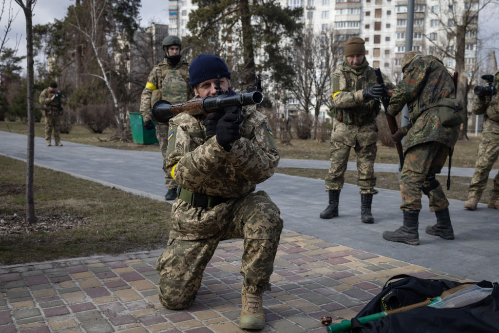 Members of the Territorial Defence Forces learn how to use weapons during a training session on March 9, 2022 in Kyiv, Ukraine.