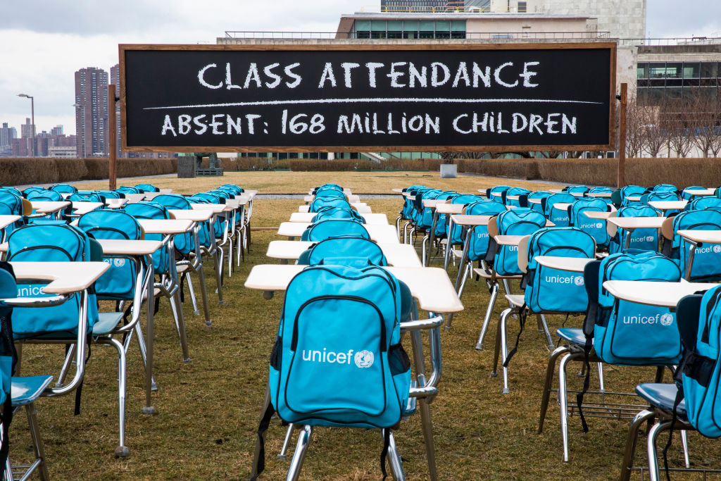 In this handout image provided by UNICEF and released on 00:01 GMT March 3, 2021, to call attention to the education emergency wrought by the COVID-19 pandemic, and to and raise awareness of the need for governments to keep schools open, UNICEF unveiled "Pandemic Classroom" - a model classroom made up of 168 empty desks, each seat representing one million children living in countries where schools have been almost entirely closed since the onset of lockdowns - at the UN Headquarters in New York City.