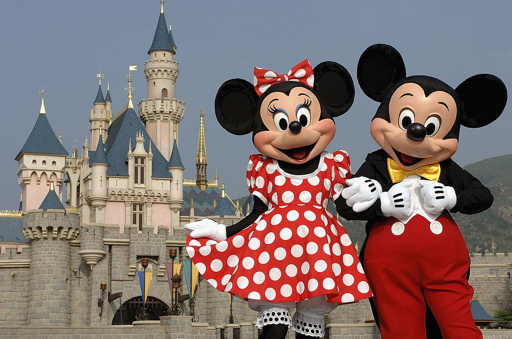In this handout photo provided by Disney, Mickey and Minnie Mouse are seen in front of the Sleeping Beauty Castle at the new Disneyland Park on September 1, 2005 in Hong Kong.