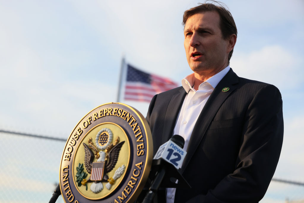 Rep. Dan Goldman (D-NY) speaks during a press conference at the entrance of the migrant relief center at Brooklyn Cruise Terminal on February 02, 2023 in New York City.