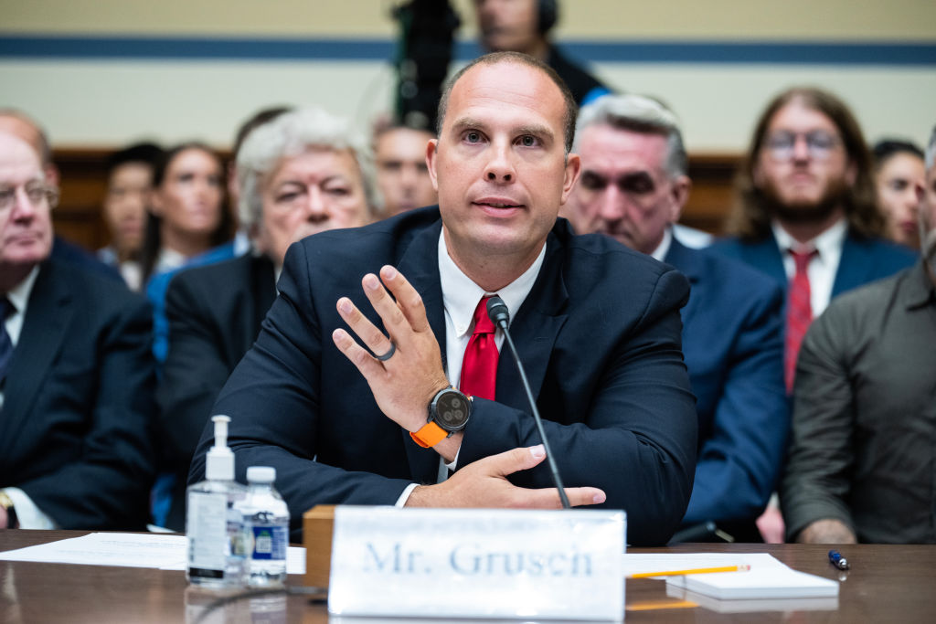 David Grusch, former National Reconnaissance Office representative on the Defense Department's Unidentified Aerial Phenomena Task Force, testifies during the House Oversight and Accountability Subcommittee on National Security, the Border, and Foreign Affairs hearing titled "Unidentified Anomalous Phenomena: Implications on National Security, Public Safety, and Government Transparency," in Rayburn Building on Wednesday, July 26, 2023.