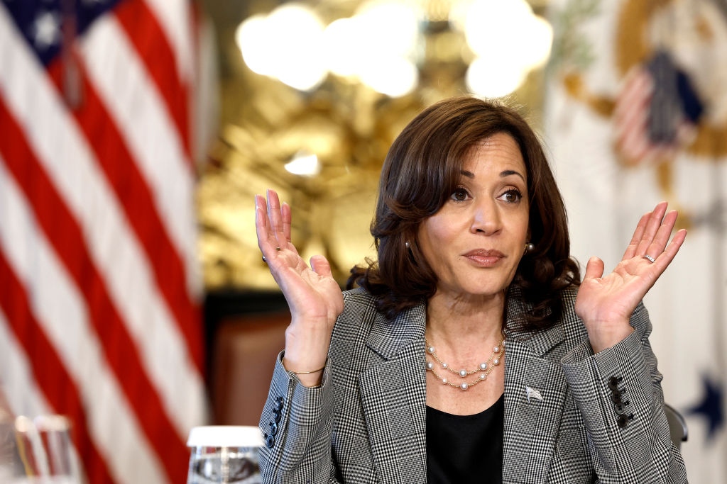 U.S. Vice President Kamala Harris gestures as she speaks during a meeting on Artificial Intelligence in her ceremonial office in the Eisenhower Executive Office Building on July 12, 2023 in Washington, DC.