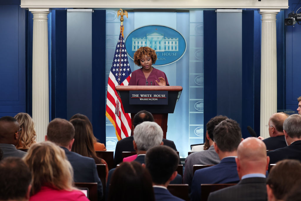White House Press Secretary Karine Jean-Pierre speaks at the daily press briefing at the White House on July 19, 2023 in Washington, DC. Jean-Pierre spoke on continuing aid to Ukraine and the U.S. soldier who is being detained by North Korea after crossing the demarcation line.