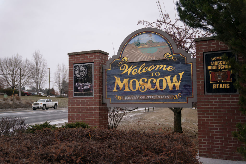 A sign welcomes visitors to Moscow, the site of a recent quadruple murder on January 3, 2023 in Moscow, Idaho.