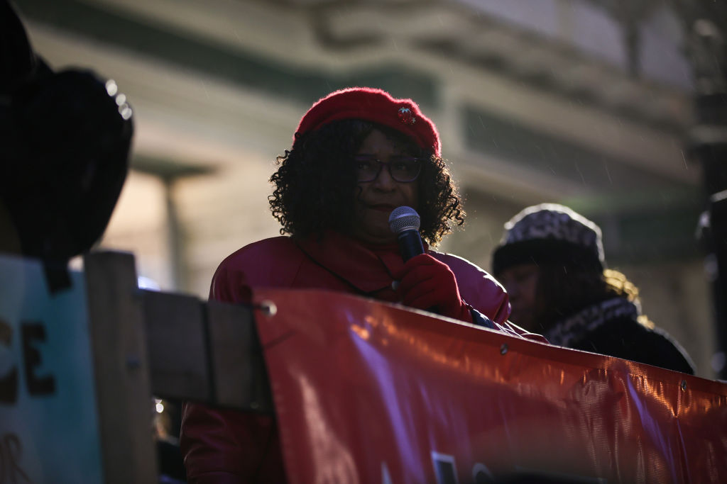 Alameda district attorney Pamela Price speaks during a protest of a thousand of people at the Oscar Grant Plaza over Tyre Nichols killing by Memphis police, in Oakland, California, United States on January 29, 2023.