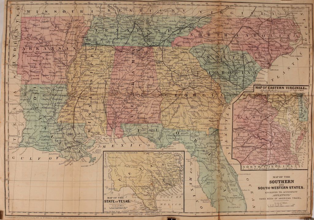 Color, political and physical map of the Southern and South-Western States, with insets illustrating Texas and the Eastern Virginias, 1857.