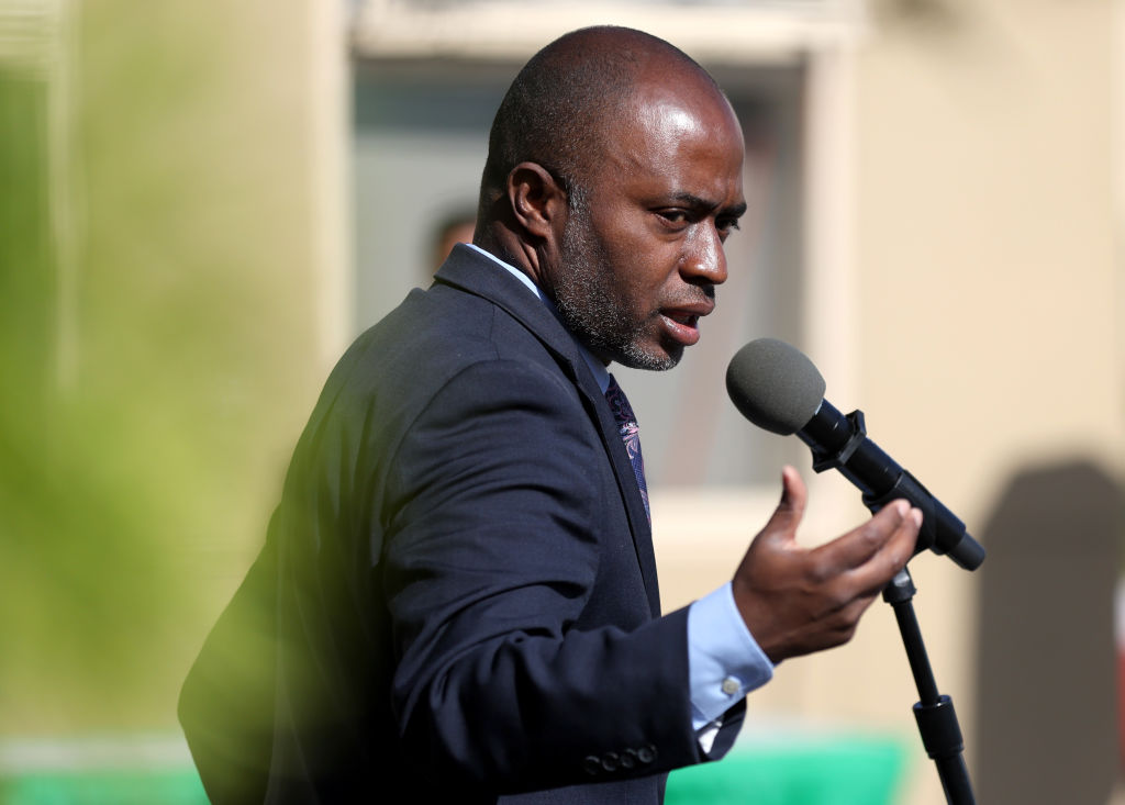 California State Superintendent of Schools Tony Thurmond speaks during a news conference at Nystrom Elementary School on May 17, 2022 in Richmond, California. California State Superintendent of Schools Tony Thurmond celebrated the donation of thousands of LGBTQ+ books from Gender Nation to 234 elementary schools in nine California districts.