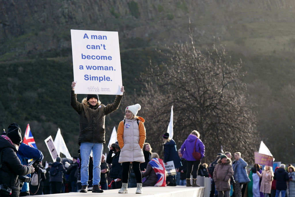 Supporters of the Scottish Family Party take part in an Anti Gender Reform Bill demonstration and protest against changes to guidance regarding sex education in schools outside the Scottish Parliament in Edinburgh.