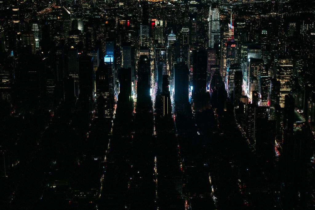 A large section of Manhattan's Upper West Side and Midtown neighborhoods are seen in darkness from above during a major power outage on July 13, 2019 in New York City.