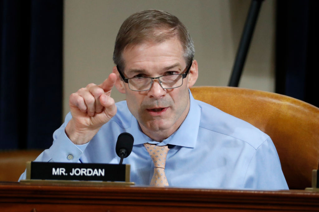 U.S. Rep. Jim Jordan (R-OH) questions Ambassador Kurt Volker, former special envoy to Ukraine, and Tim Morrison, a former official at the National Security Council, as they testify before the House Intelligence Committee on Capitol Hill November 19, 2019 in Washington, DC.