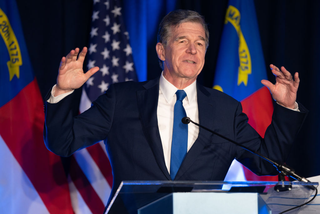 North Carolina Governor Roy Cooper speaks to the crowd during an election night event for Democratic Senate candidate Cheri Beasley on May 17, 2022 in Raleigh, North Carolina.