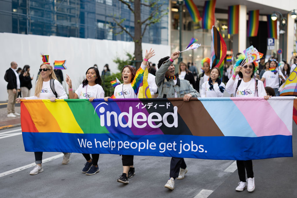 Employment website Indeed (USA) representatives march during the Tokyo Rainbow Parade 2023.