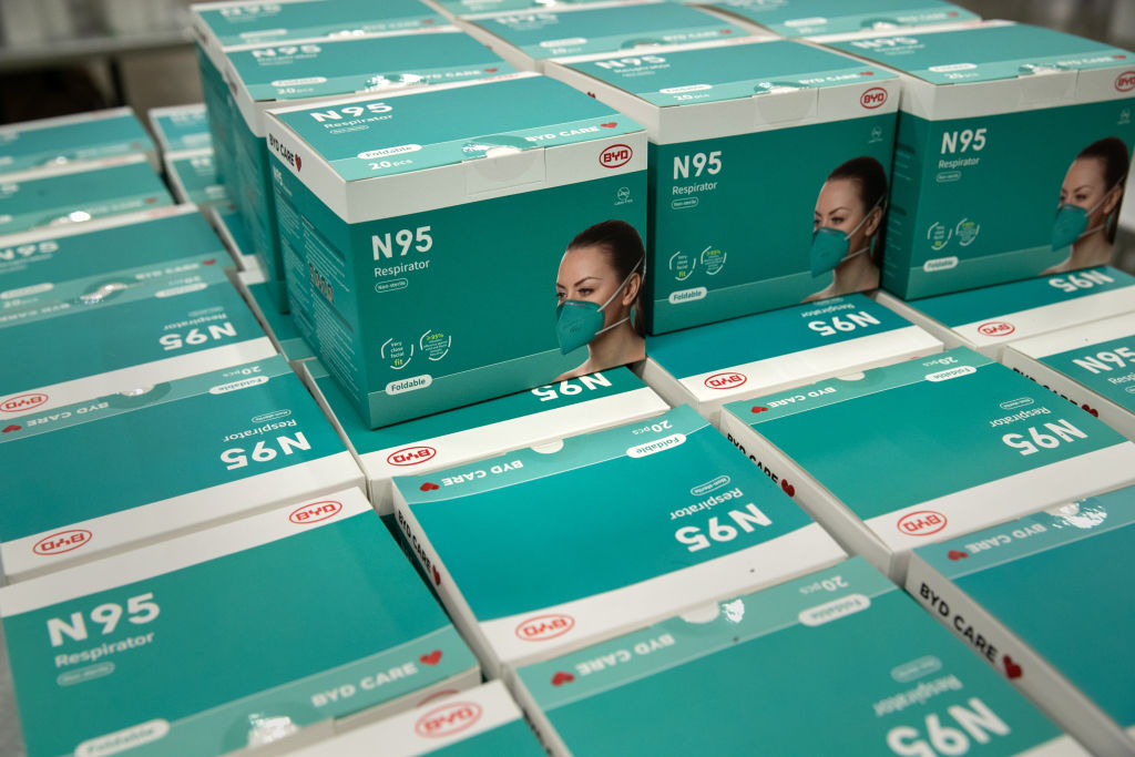 N95 masks sit stored in a medical supply area at the Austin Convention Center on August 07, 2020 in Austin, Texas.