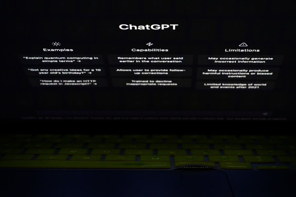In this photo illustration, the home page for the OpenAI "ChatGPT" app is displayed on a laptop screen on February 03, 2023 in London, England.