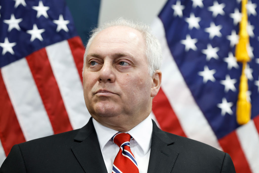 U.S. House Majority Leader Rep. Steve Scalise (R-LA) listens during a press conference following a House Republican Conference meeting at the U.S. Capitol Building on July 18, 2023 in Washington, DC.