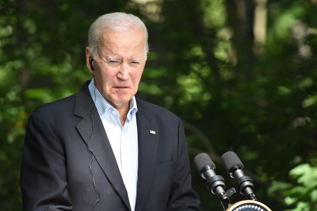President of the United States Joe Biden holds a trilateral news conference with President of South Korea Yoon Suk Yeol (not seen) and Prime Minister of Japan Fumio Kishida (not seen) at Camp David, President Biden's retreat in Catoctin Mountain Park, Maryland, United States on August 18, 2023.