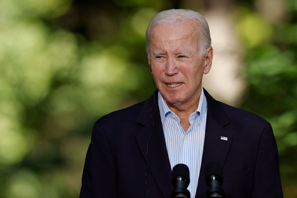 U.S. President Joe Biden delivers remarks during a joint news conference with South Korean President Yoon Suk Yeol and Japanese Prime Minister Kishida Fumio following three-way talks at Camp David on August 18, 2023 in Camp David, Maryland.