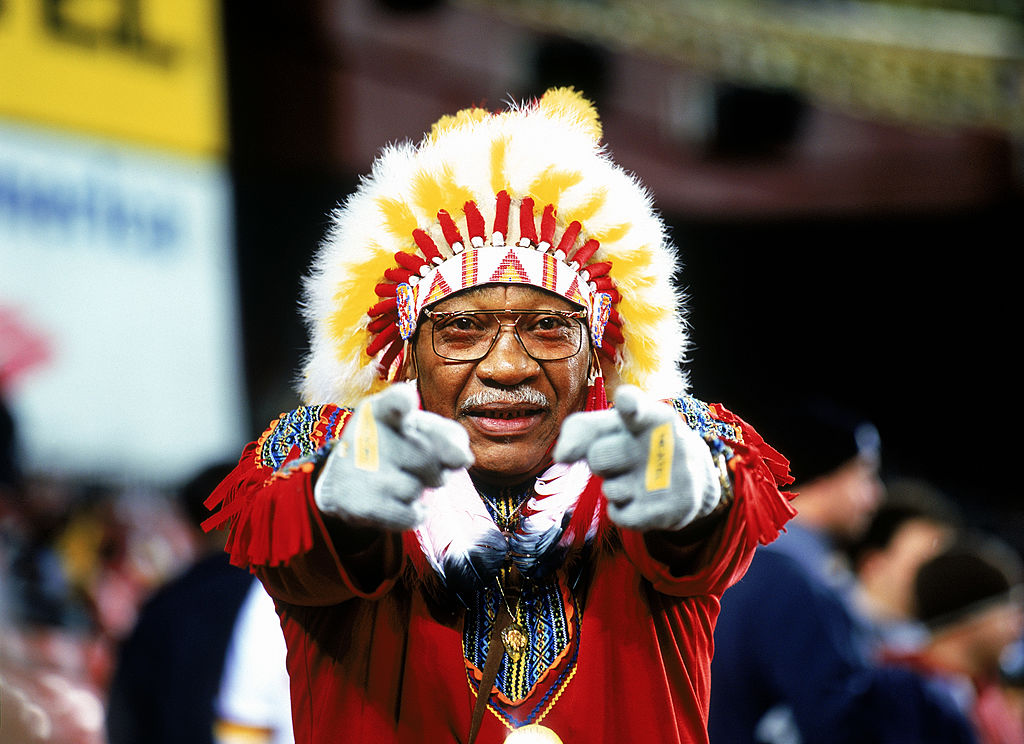 WASHINGTON, D.C. - DECEMBER 27: Washington Redskins fan "Chief Zee" watches the game against the Philadelphia Eagles on December 27, 2003 at FedEx Field in Washington, D.C.