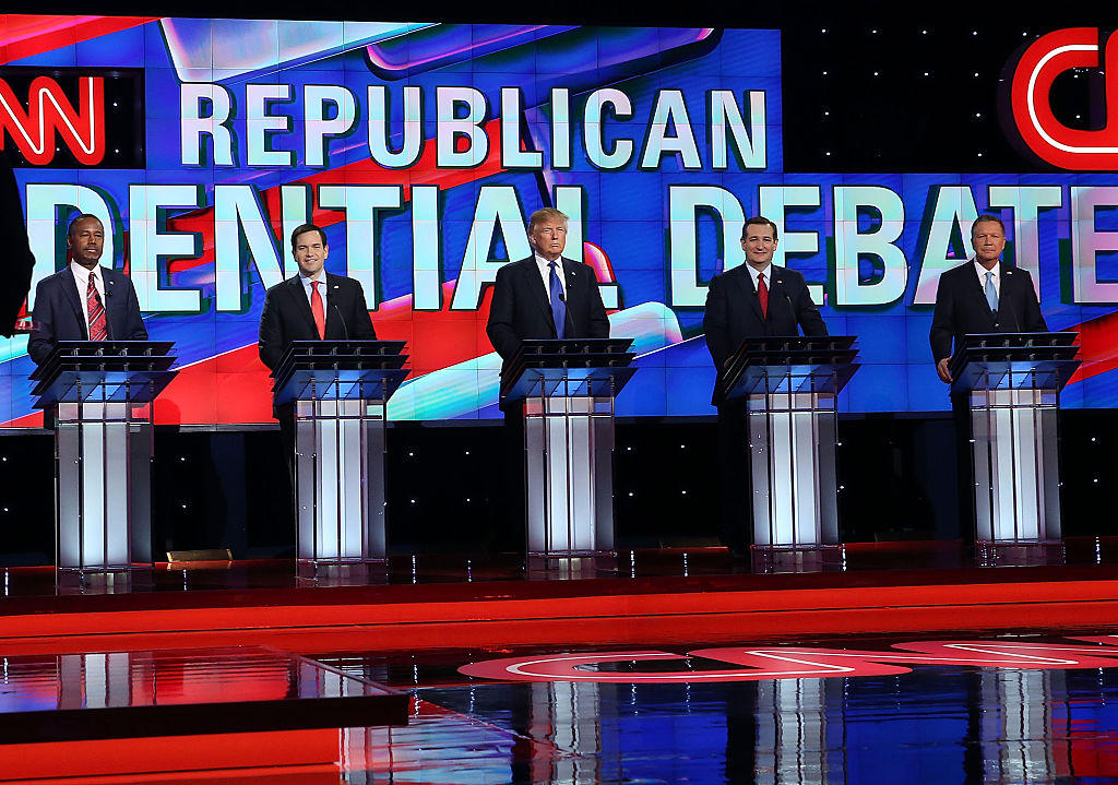 Republican presidential candidates Ben Carson, Florida Sen. Marco Rubio (R-FL), Donald Trump, Texas Sen. Ted Cruz (R-TX) and Ohio Gov. John Kasich (L-R) stand on stage for the Republican National Committee Presidential Primary Debate at the University of Houston's Moores School of Music Opera House on February 25, 2016 in Houston, Texas.