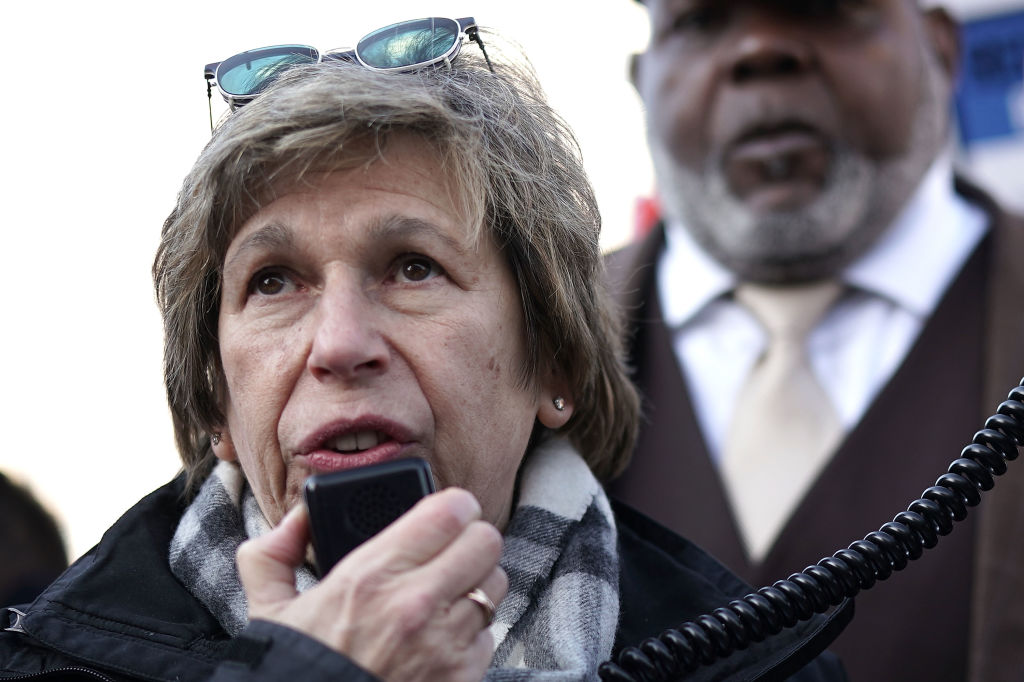 American Federation of Teachers President Randi Weingarten speaks during a rally to deliver report cards to Secretary of Education Betsy DeVos outside the Department of Education February 8, 2018 in Washington, DC.