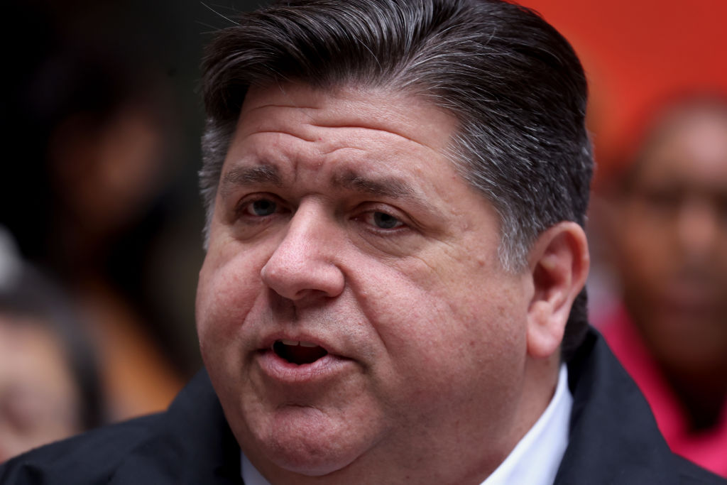 Illinois Gov. J.B. Pritzker speaks during a transgender support rally at Federal Building Plaza on April 27, 2022 in Chicago, Illinois.