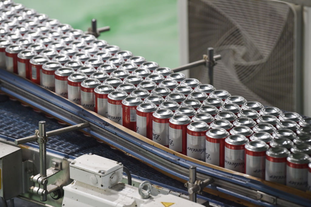 An automated production line of Budweiser beer is seen at a workshop of Anheuser-Busch InBev (Suqian) Beer Co LTD in Suqian, Jiangsu Province, China, April 12, 2023.