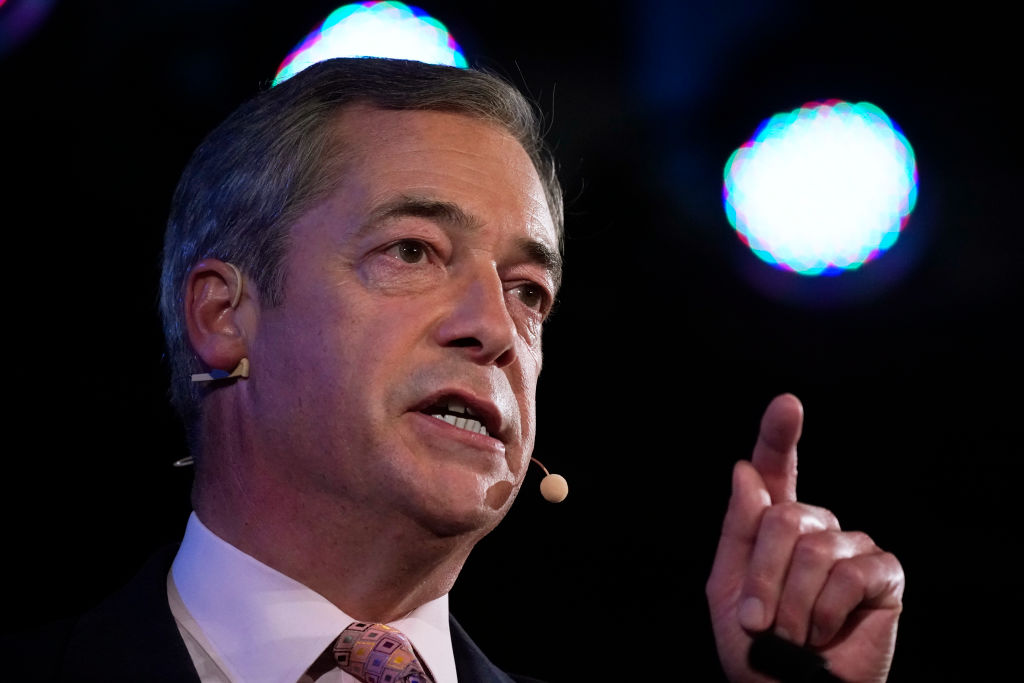 Leader of the Brexit Party, Nigel Farage addresses the audience during the final event of the Brexit Party Conference Tour at The Emmanuel Centre on September 27, 2019 in London, England.