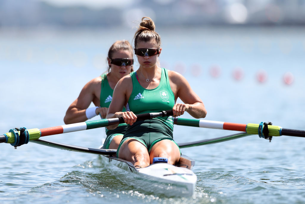 Aileen Crowley (L) and Monika Dukarska of Team Ireland compete during the Women's Pair Repechage 1 on day two of the Tokyo 2020 Olympic Games at Sea Forest Waterway on July 25, 2021 in Tokyo, Japan.