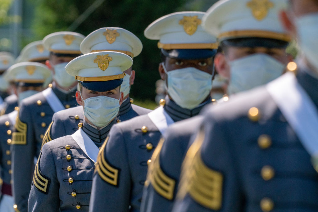 Cadets march into their commencement ceremony on June 13, 2020 in West Point, New York.