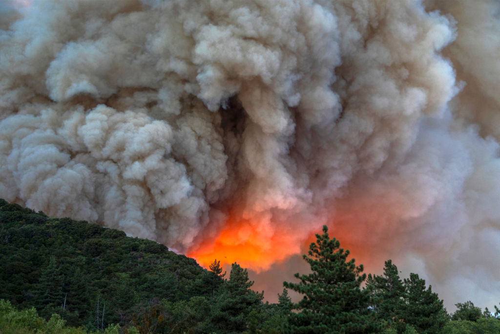 Flames and heavy smoke approach on a western front of the Apple Fire, consuming brush and forest at a high rate of speed during an excessive heat warning on August 1, 2020 in Cherry Valley, California.