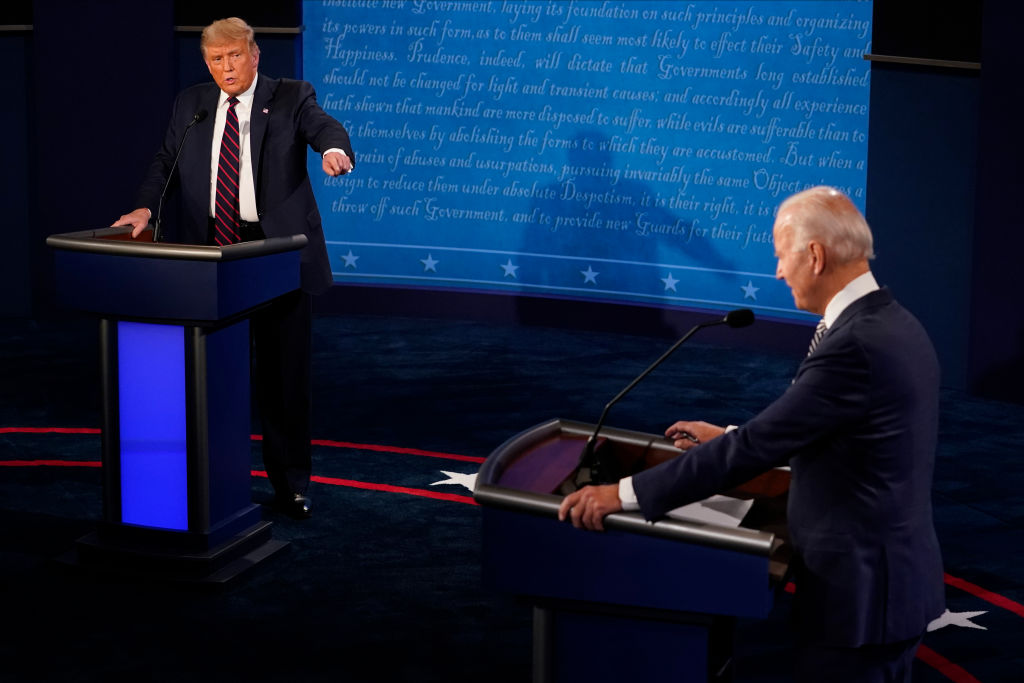 U.S. President Donald Trump and former Vice President and Democratic presidential nominee Joe Biden speak during the first presidential debate at the Health Education Campus of Case Western Reserve University on September 29, 2020 in Cleveland, Ohio.