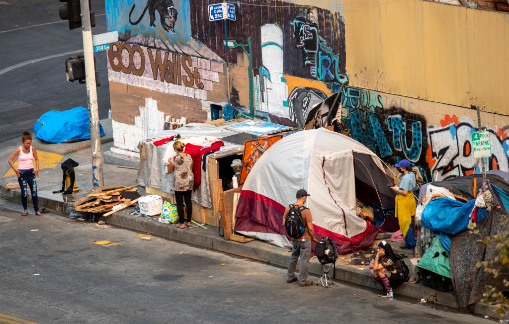 A view of a homeless encampment on Skid Row on Thursday, Sept. 23, 2021 in Los Angeles, CA.