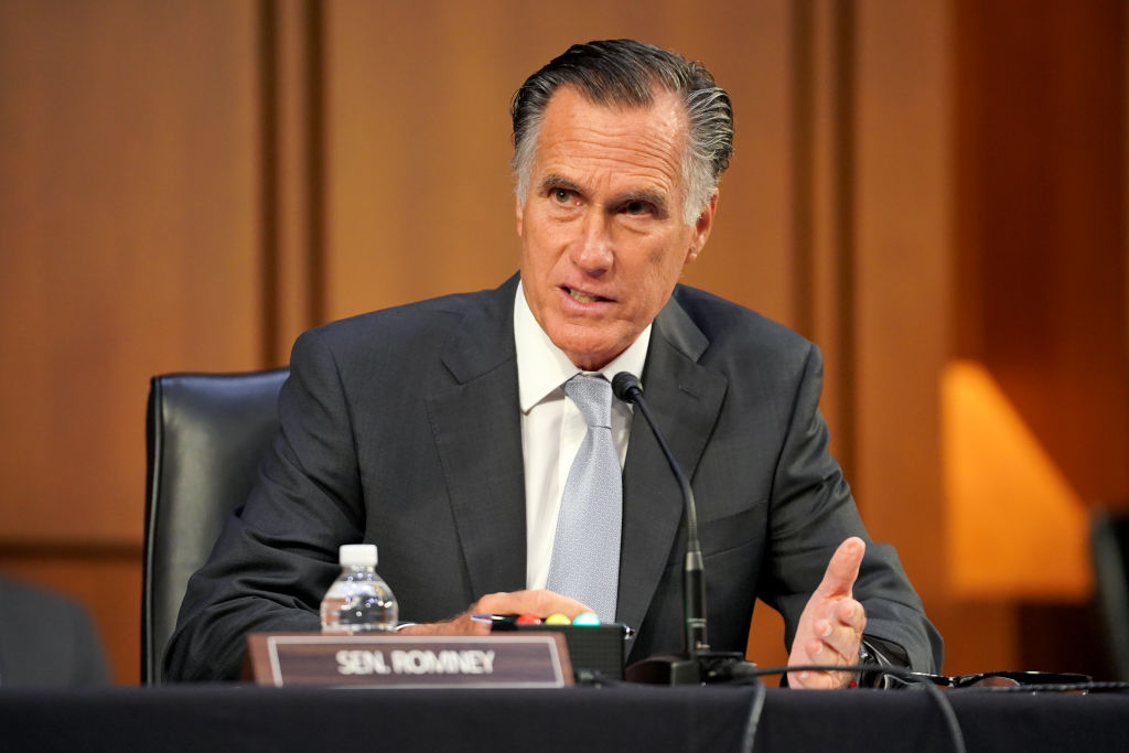 Sen. Mitt Romney (R-UT) asks questions during a Senate Health, Education, Labor, and Pensions Committee hearing to discuss reopening schools during Covid-19 at Capitol Hill on September 30, 2021 in Washington, DC.